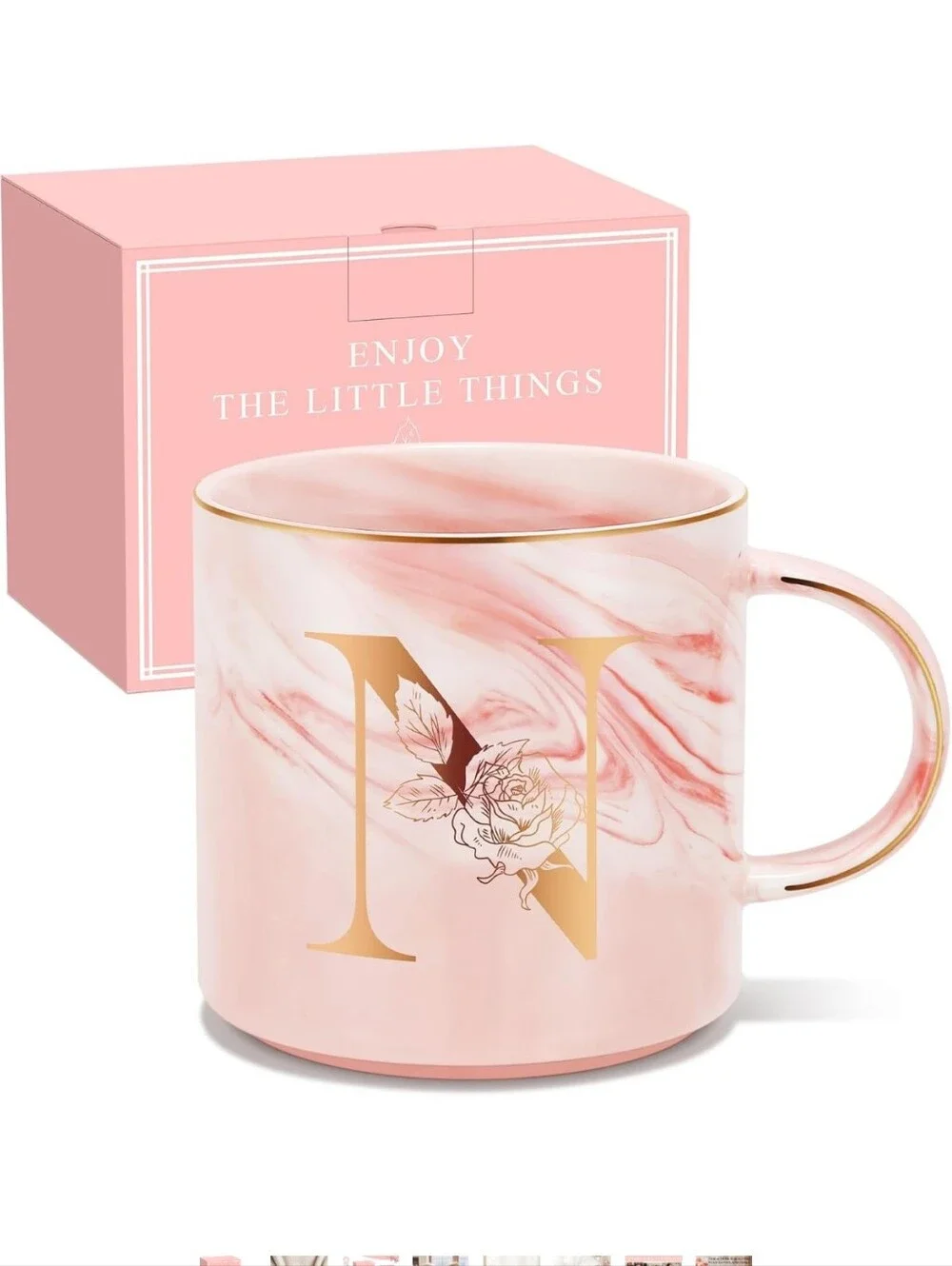 Pink Marble Ceramic Coffee Mug Letter N Gold Foil Initial & Overlay
